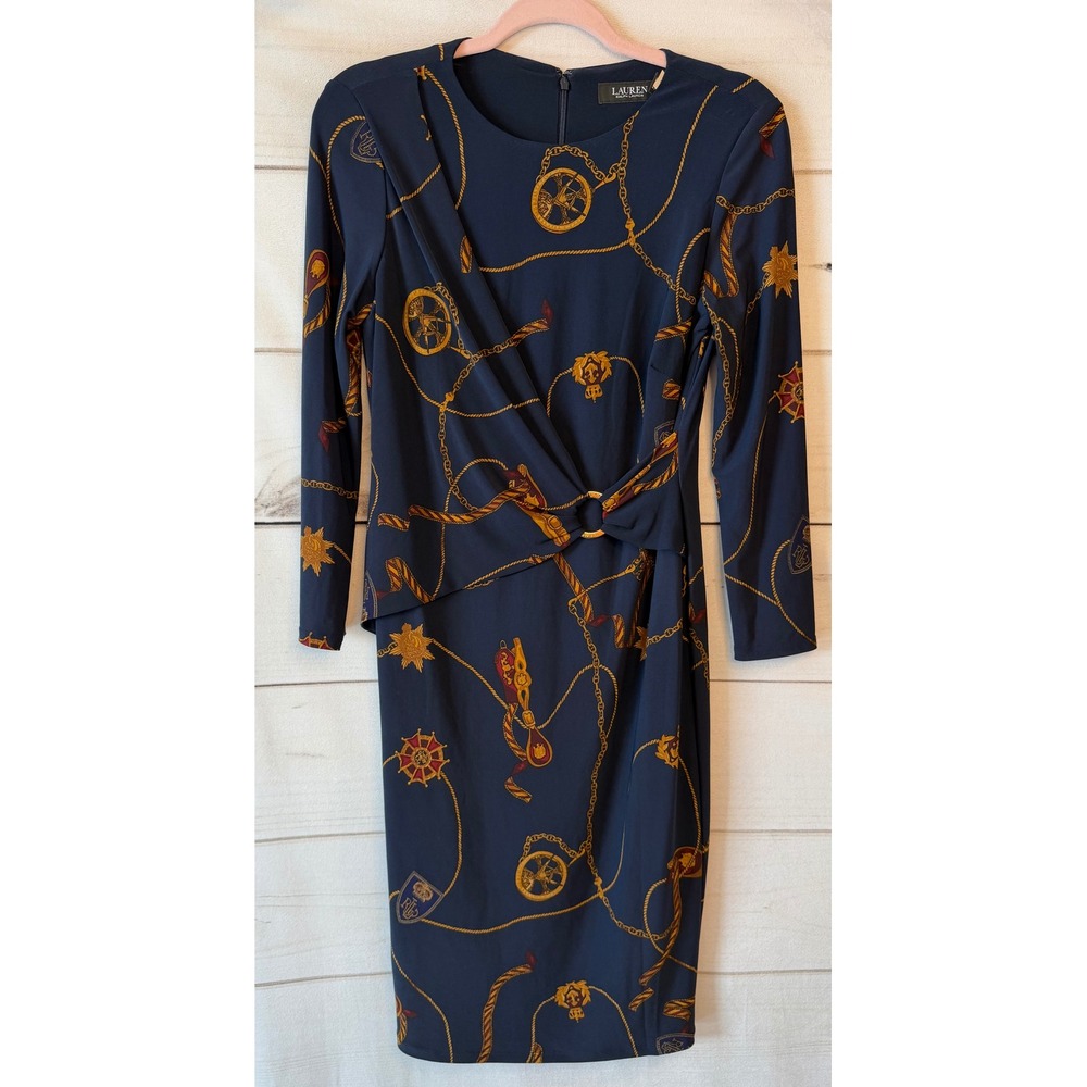 Lauren Ralph Lauren Navy Blue Nautical Chain Print Sheath Dress Size 2 NWT